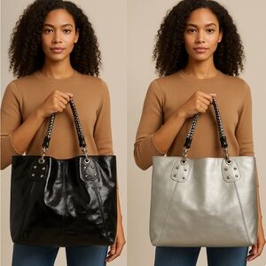 REVERSIBLE Perlina Black/Silver patent shoulder tote bag